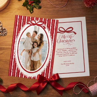 Elegant Modern Red Bow Stripes Merry Christmas Holiday Card