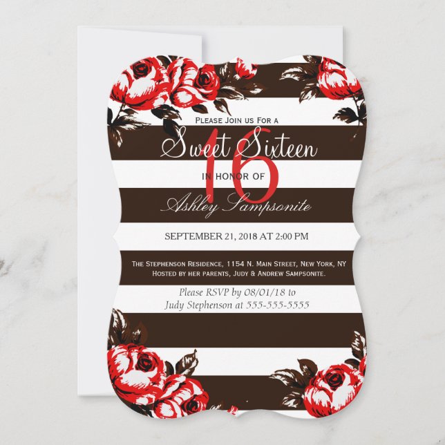 Elegant Modern Red Floral & Black & White Stripes Invitation (Front)