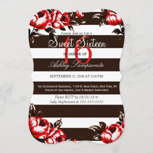 Elegant Modern Red Floral & Black & White Stripes Invitation
