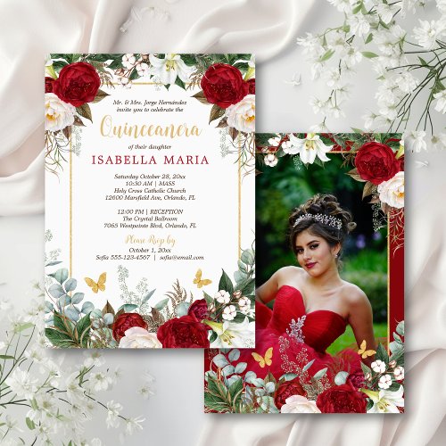 Elegant Modern Red Floral with Photo Quinceaera Invitation