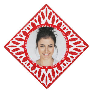 Elegant Modern Red Glitter Floral Photo Graduation Cap Topper
