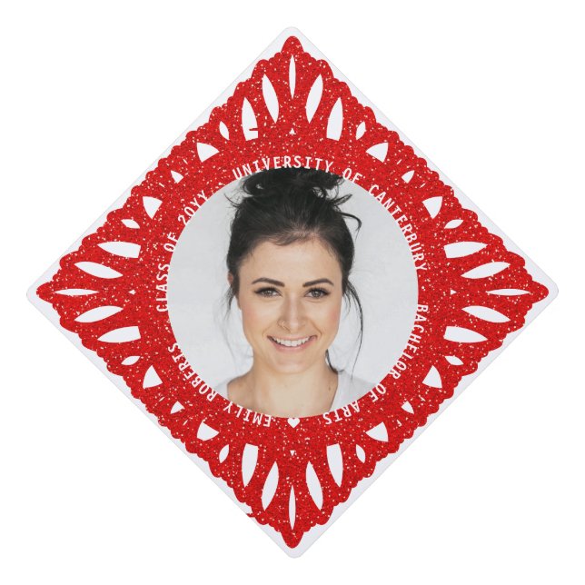 Elegant Modern Red Glitter Floral Photo Graduation Cap Topper (Front)
