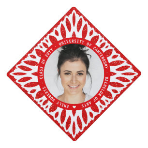 Elegant Modern Red Glitter Floral Photo Graduation Graduation Cap Topper