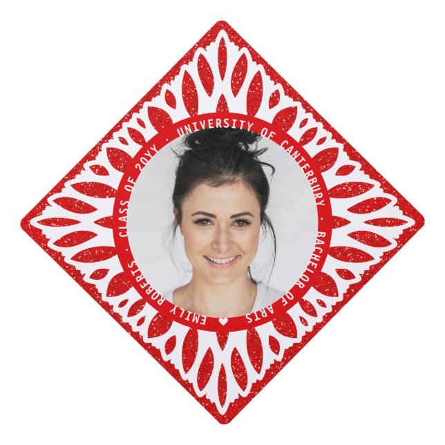 Elegant Modern Red Glitter Floral Photo Graduation Graduation Cap Topper (Front)