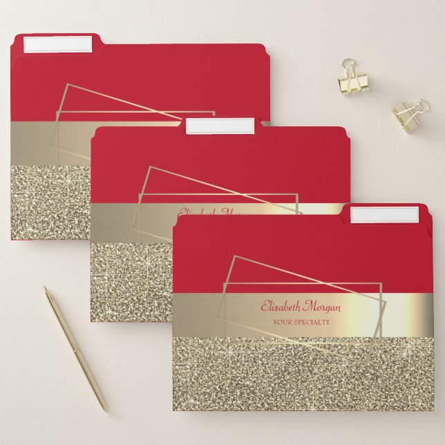 Elegant Modern Red, Gold Glitter Frame, Stripe File Folder (Set)