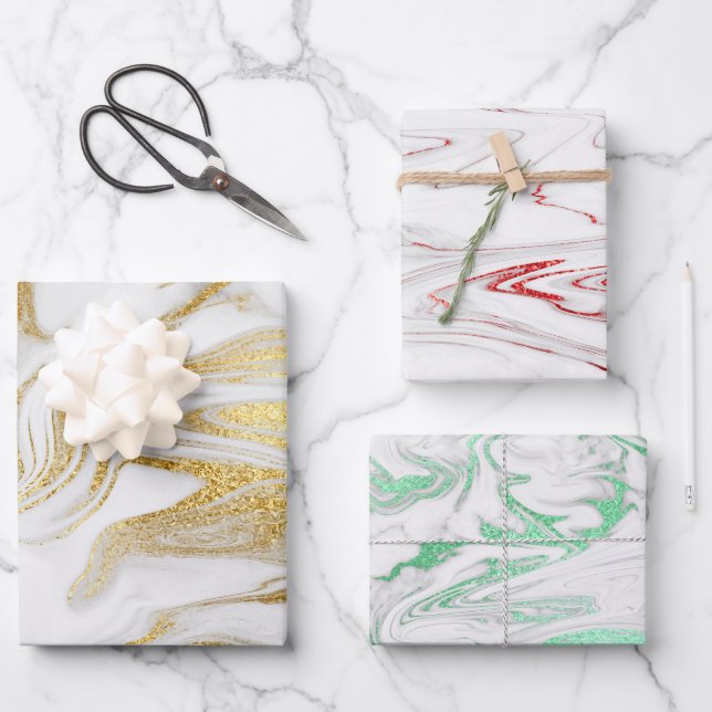 Elegant modern red gold green white marble look wrapping paper sheets (Front)