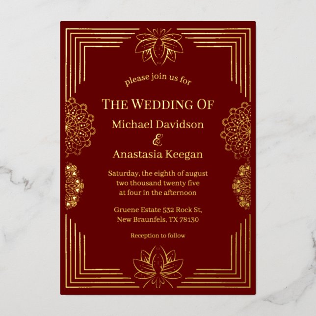 elegant modern red gold indian geometric wedding  foil invitation (Front)