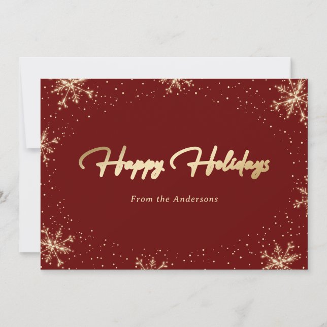 Elegant Modern Red Gold Snowflake Holiday Card (Front)