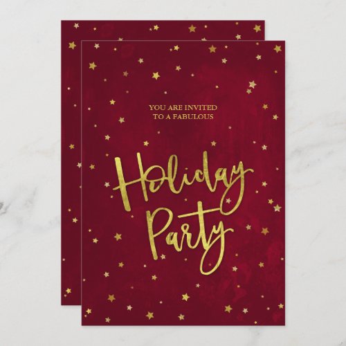 Elegant Modern Red  Gold Stars Holiday Party Invitation