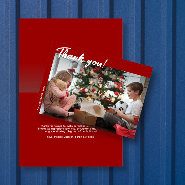 Elegant Modern Red Holiday Photo Thank You Card (Creator Uploaded)