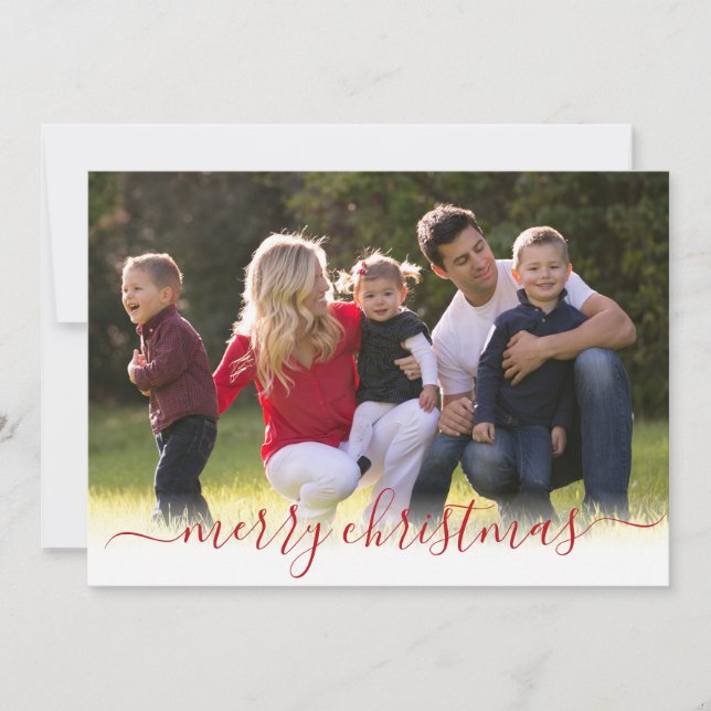 Elegant Modern Red Merry Christmas Script Photo Holiday Card (Front)