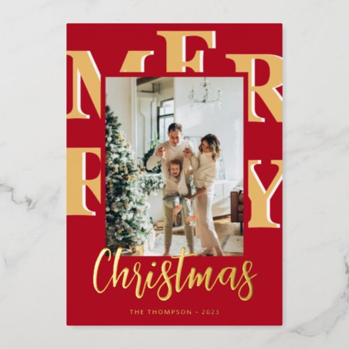 Elegant Modern Red Photo Merry Christmas Script Foil Holiday Card