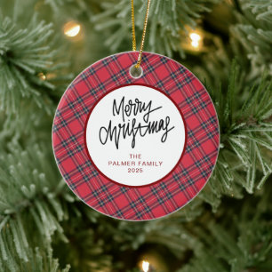 Elegant Modern Red Plaid Christmas Family Photo Ceramic Ornament