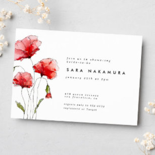 Elegant Modern Red Poppy Flower Bridal Shower Invitation