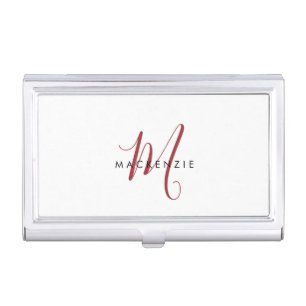 Elegant Modern Red Script Monogram Business Card Case