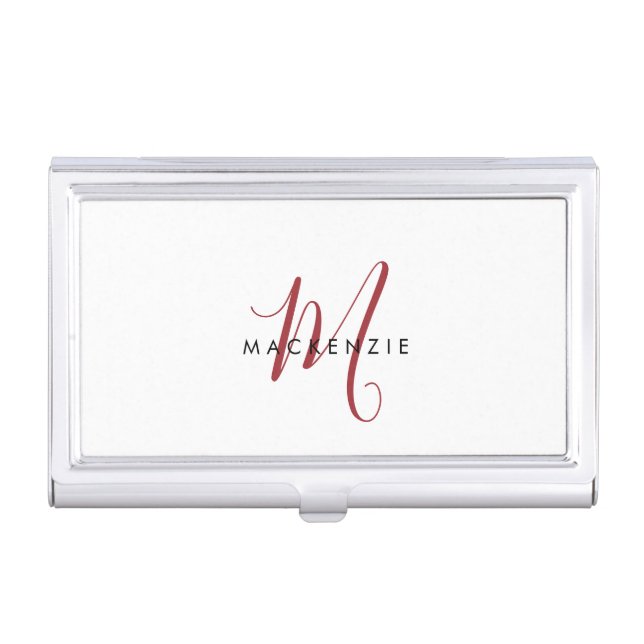 Elegant Modern Red Script Monogram Business Card Case (Front)