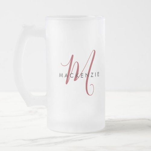 Elegant Modern Red Script Monogram Frosted Glass Beer Mug