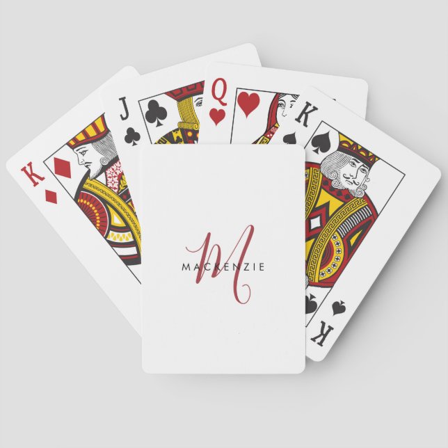 Elegant Modern Red Script Monogram Poker Cards (Back)