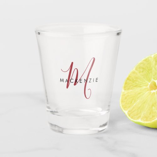 Elegant Modern Red Script Monogram Shot Glass