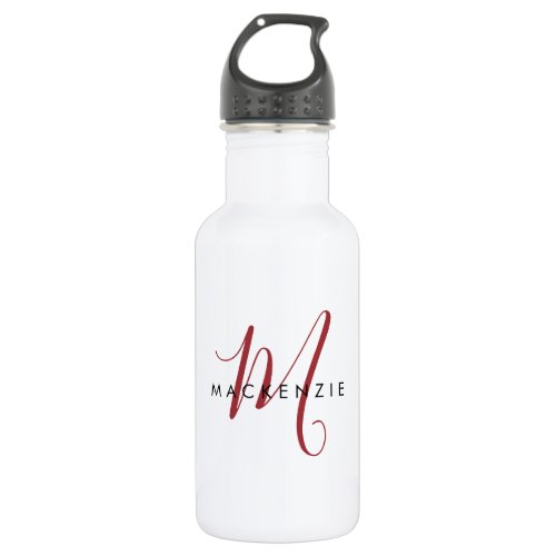 Elegant Modern Red Script Monogram Stainless Steel Water Bottle