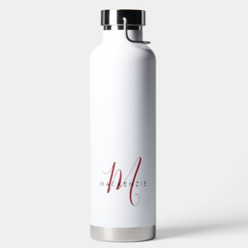Elegant Modern Red Script Monogram Water Bottle