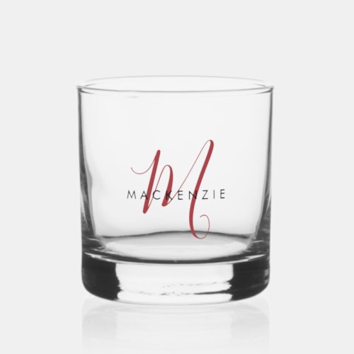 Elegant Modern Red Script Monogram Whiskey Glass