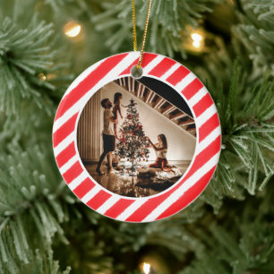 Elegant Modern Red Stripes Christmas Family Photo Ceramic Ornament
