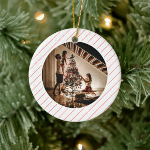 Elegant Modern Red Stripes Christmas Family Photo Ceramic Ornament