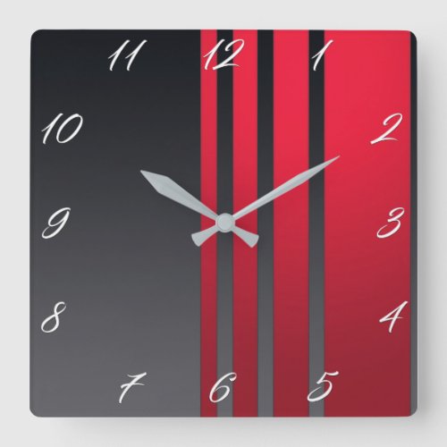 Elegant modern red stripes on dark grey square square wall clock