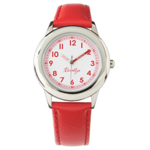 Elegant Modern Red Stylish Custom Name Kids Watch