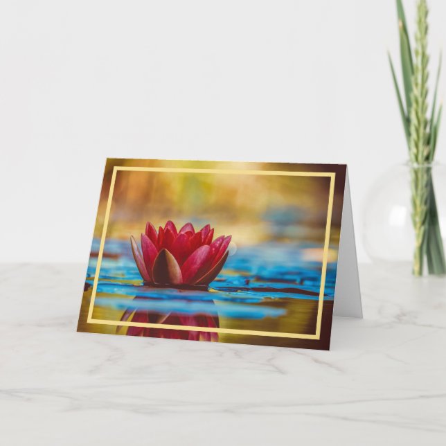 Elegant Modern Red Water Lily Flower Golden Frame Card (Front)