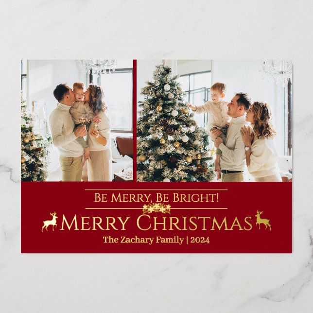 Elegant Modern Reindeer Christmas Family 2 Photo Foil Holiday Card (Front)