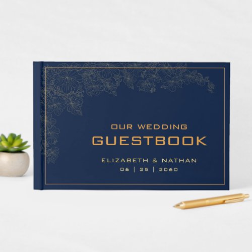 Elegant Modern Retro Gold Navy Blue Wedding Quote Guest Book