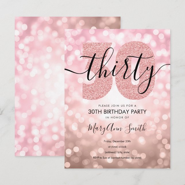 Elegant Modern Rose Gold 30th Birthday Party Invitation Postcard (Front/Back)