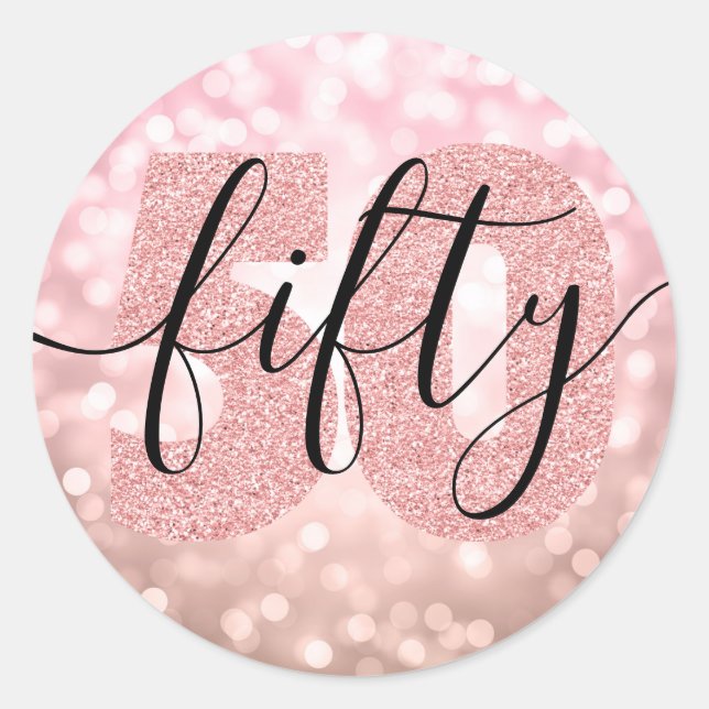 Elegant Modern Rose Gold 50th Birthday Glitter Classic Round Sticker (Front)