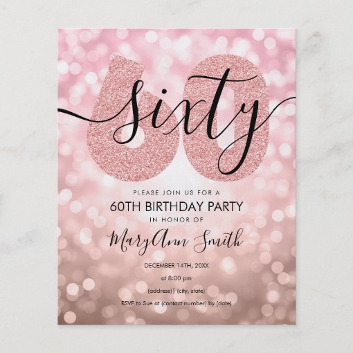 Elegant Modern Rose Gold 60th Birthday Party Flyer | Zazzle