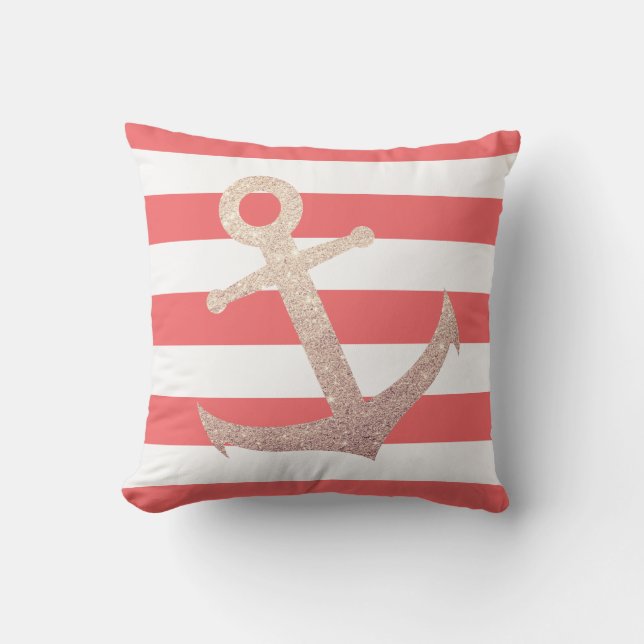 Elegant modern rose gold anchor striped throw pillow (Front)