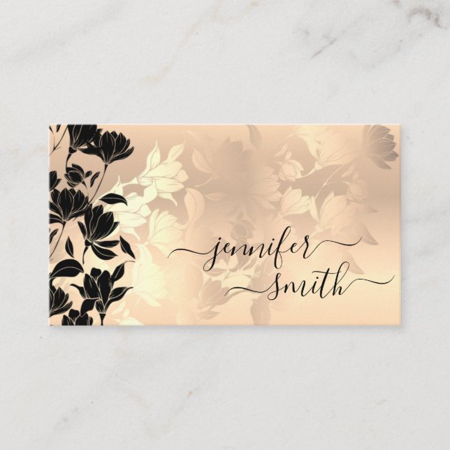 Elegant Modern Rose Gold Black Flowers Beautiful Business Card (Front)