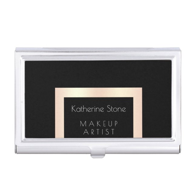 Elegant modern rose gold & black makeup artist business card case (Front)