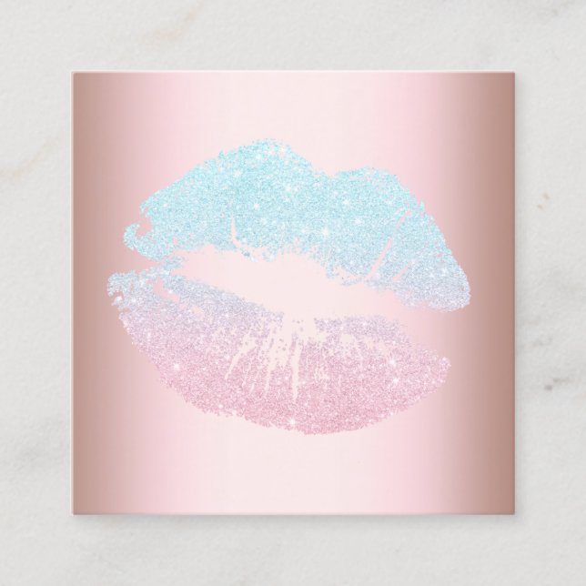 Elegant modern rose gold blue glitter lips makeup square business card (Front)