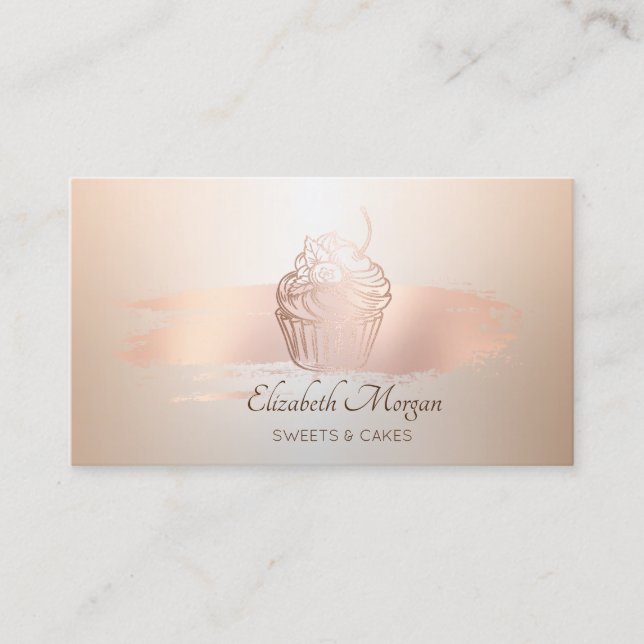 Elegant Modern, Rose Gold Brush Stroke Cupcake Business Card (Front)
