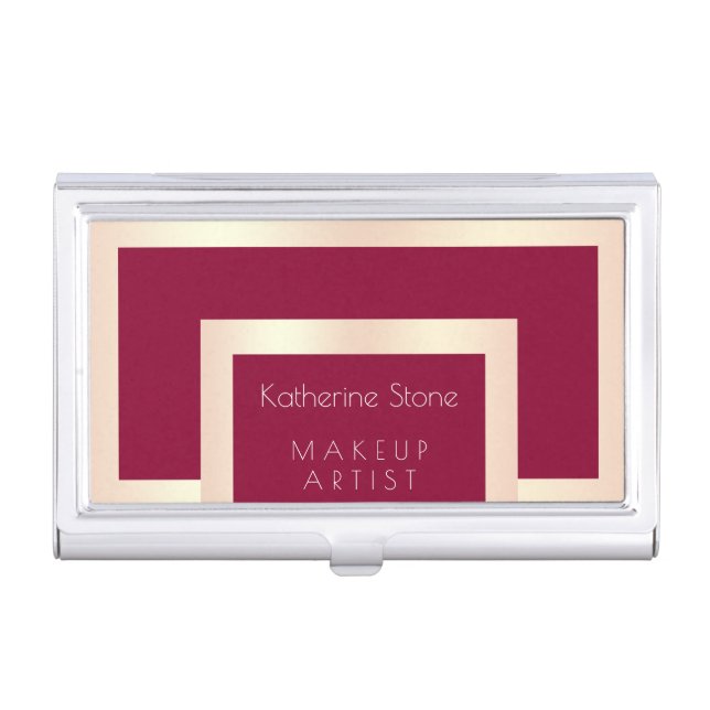Elegant modern rose gold & burgundy makeup artist business card case (Front)