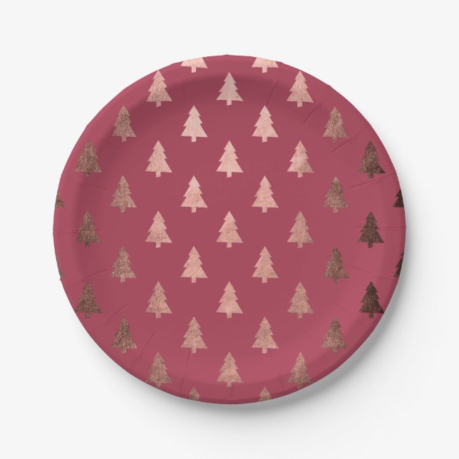 Elegant modern rose gold Christmas tree pattern Paper Plates (Front)