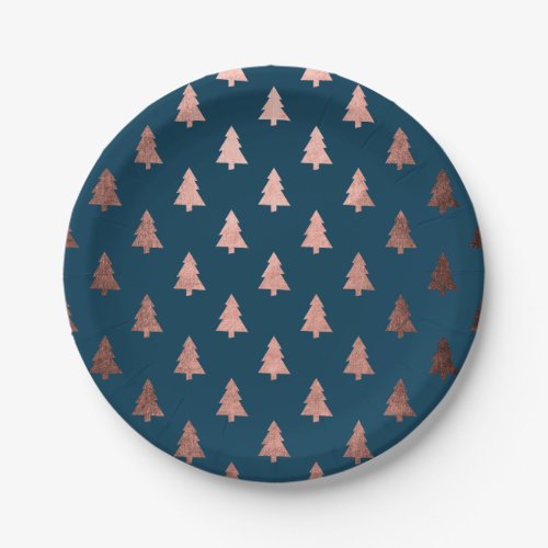 Elegant modern rose gold Christmas tree pattern Paper Plates