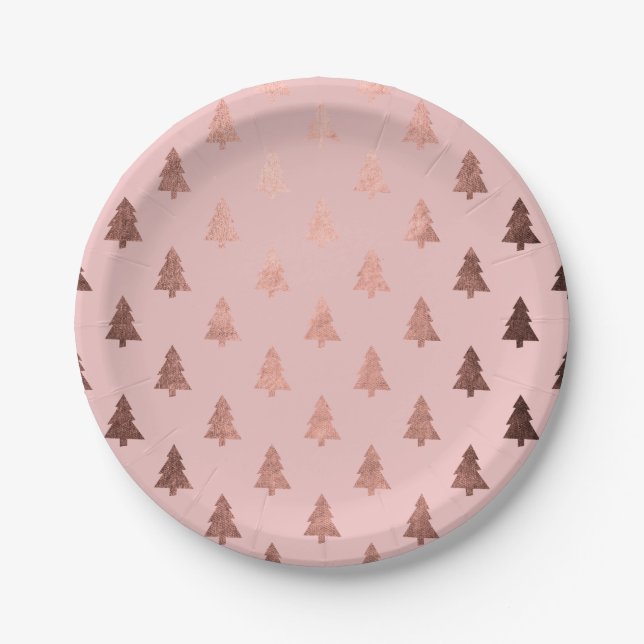 Elegant modern rose gold Christmas tree pattern Paper Plates (Front)