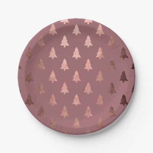 Elegant modern rose gold Christmas tree pattern Paper Plates