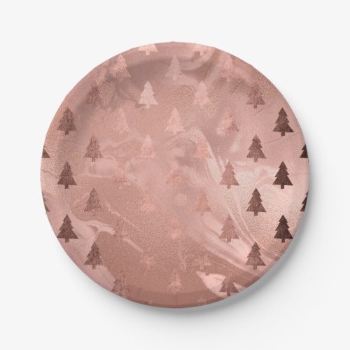 Elegant modern rose gold Christmas tree pattern Paper Plates