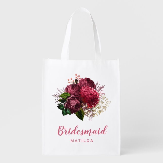 Elegant modern rose gold floral bridesmaid grocery bag (Front)