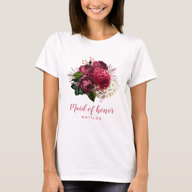 Elegant modern rose gold floral maid of honor T-Shirt (Front)