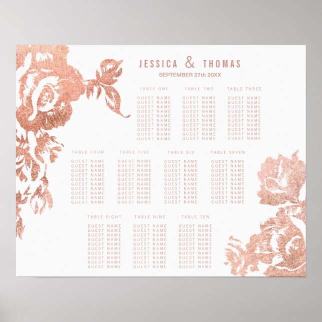 Elegant Modern Rose Gold Floral Seating Chart (Front)